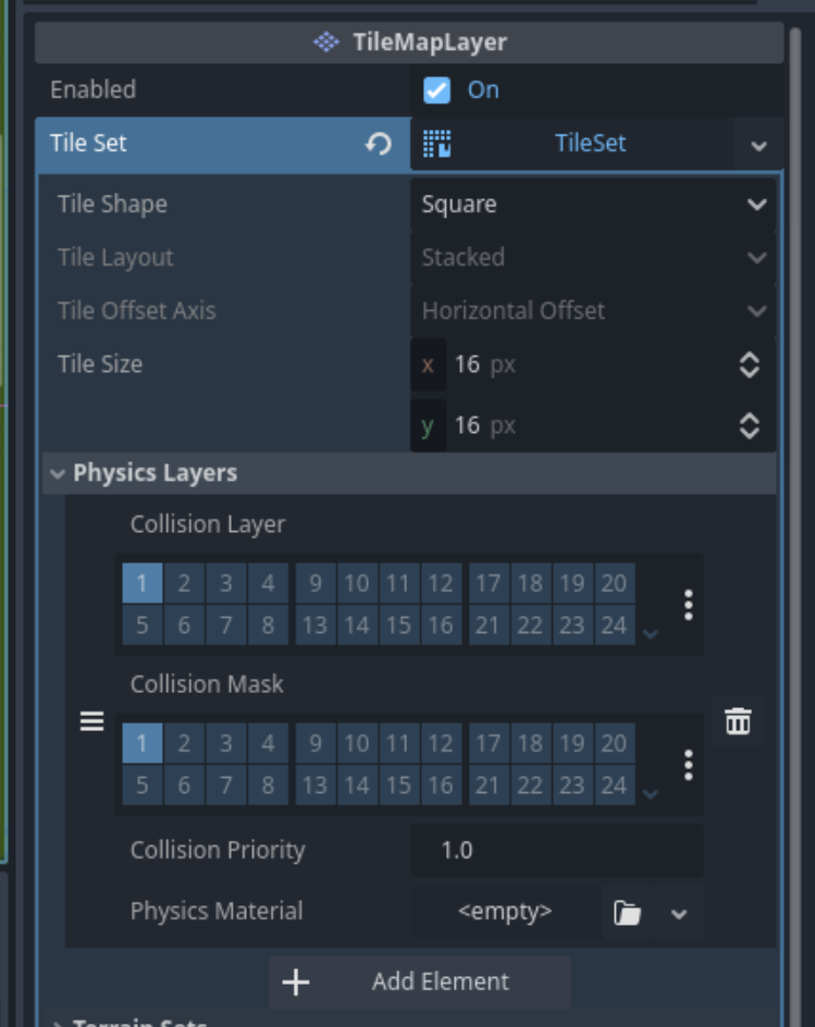 Een "physics layer" toegevoegd aan de tileset